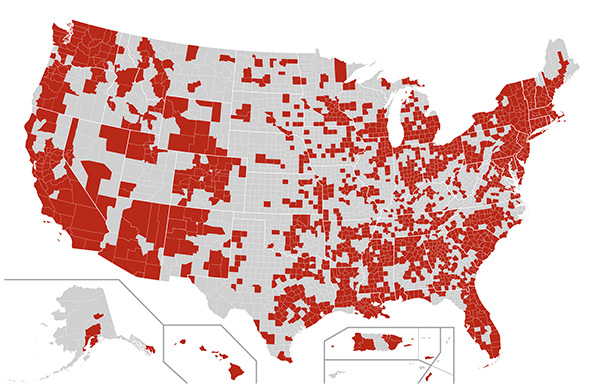 Случаи вспышки COVID-19 в США по округам (подтвержденные) - карта - 26.03.2020.