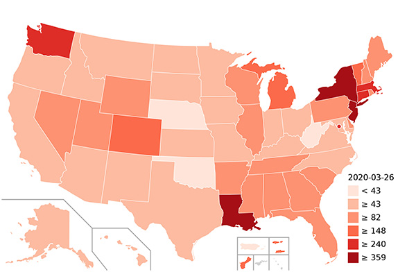 Коронавирусная карта США по штатам - 26.03.2020.