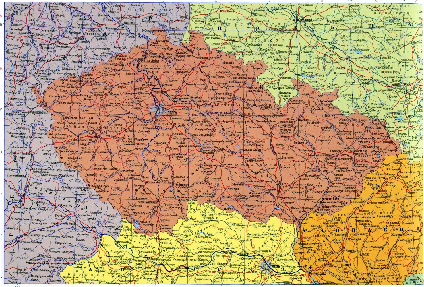 Карта Чехии. Подробная карта автодорог Чехии на русском языке. Все городаЧехии на карте. Большая карта автомобильных дорог Чехии