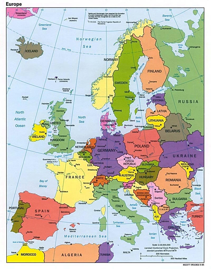 Политическая карта Европы на английском языке. The political map of Europein English.