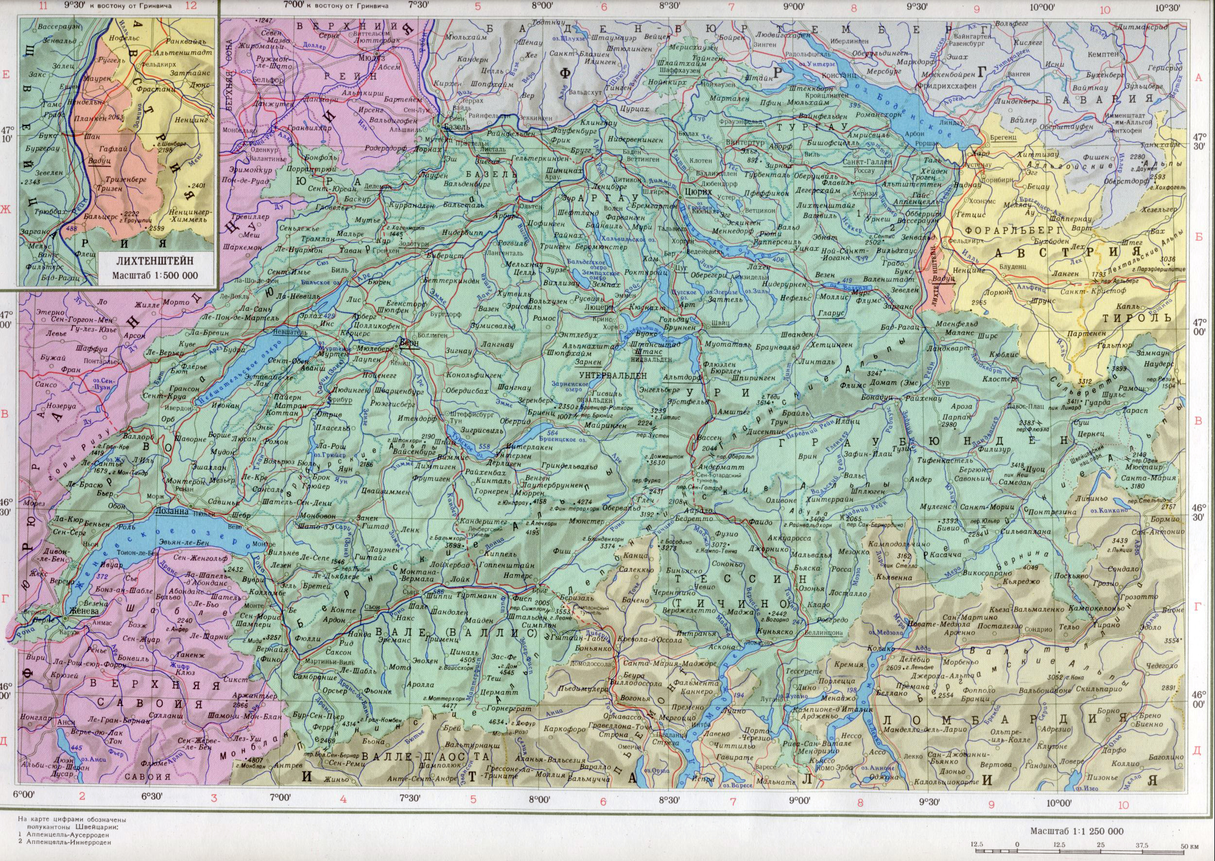 Лихтенштейн на подробной административной карте Европы. Лихтенштейн наподробной русскоязычной карте Европы