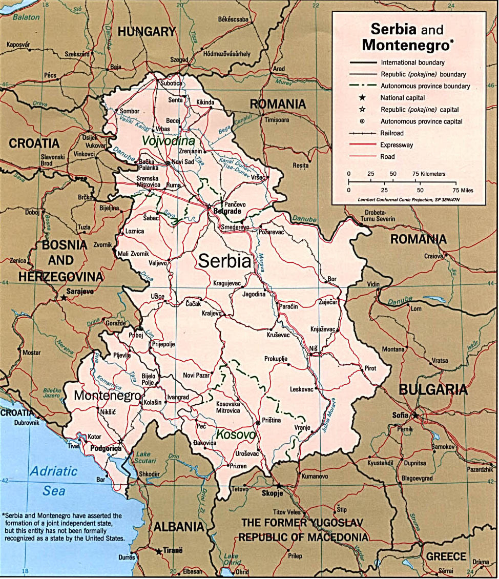 Подробная карта автодорог Сербии на английском языке. Все автомобильныедороги Сербии на англоязычной карте, все города