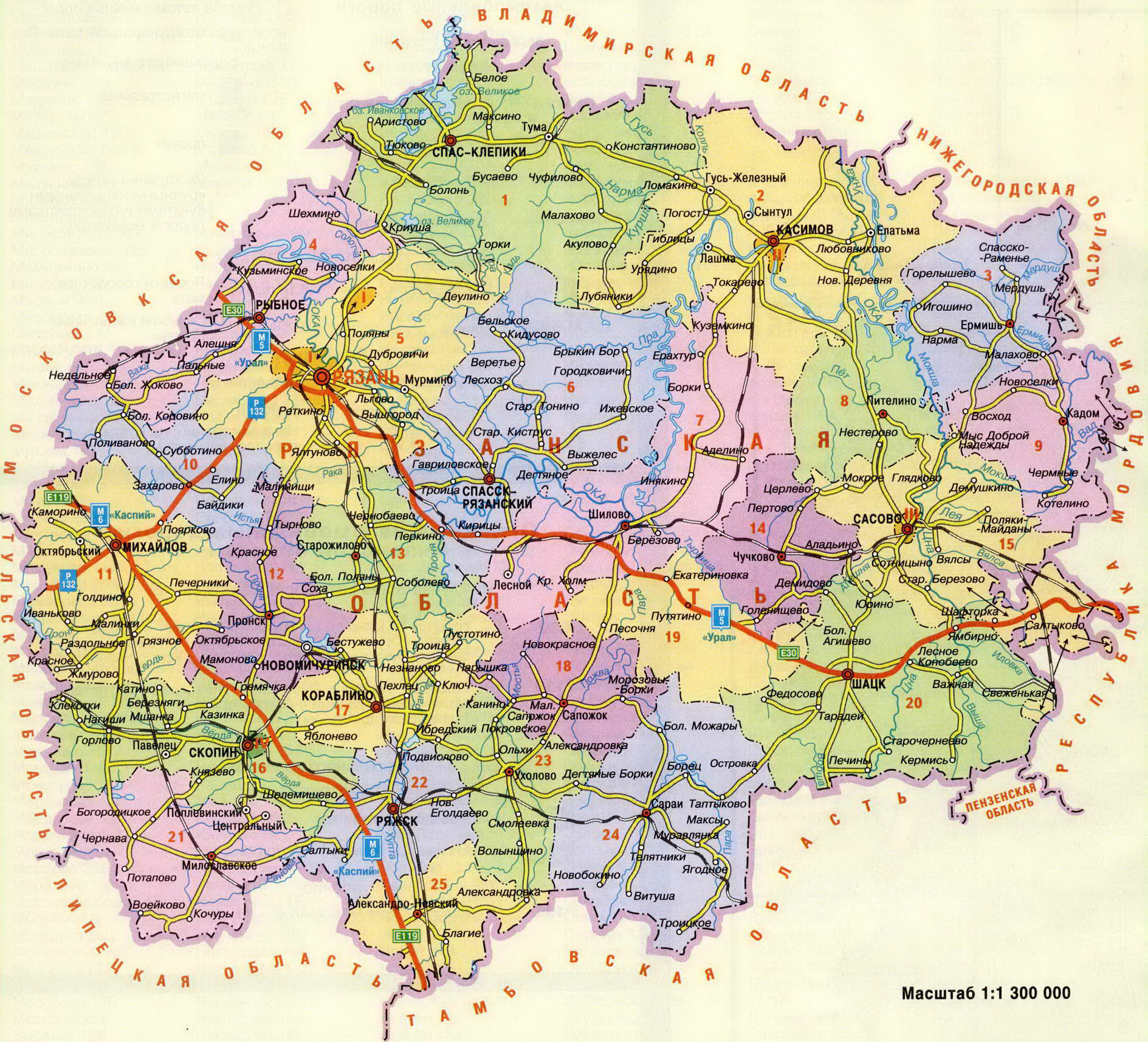 Большая подробная административная карта Рязанской области