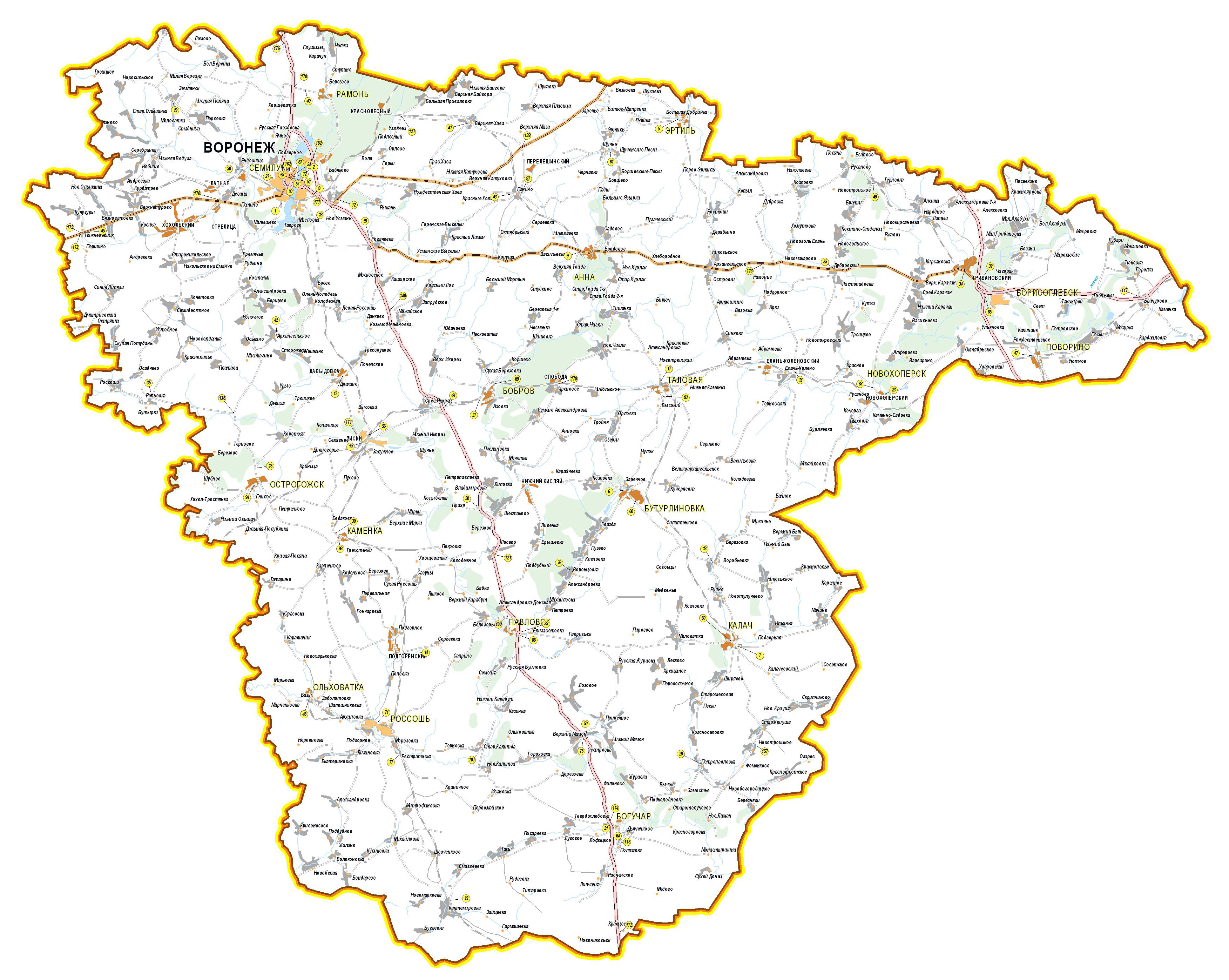 Большая подробная карта автомобильных дорог Воронежской области с городами
