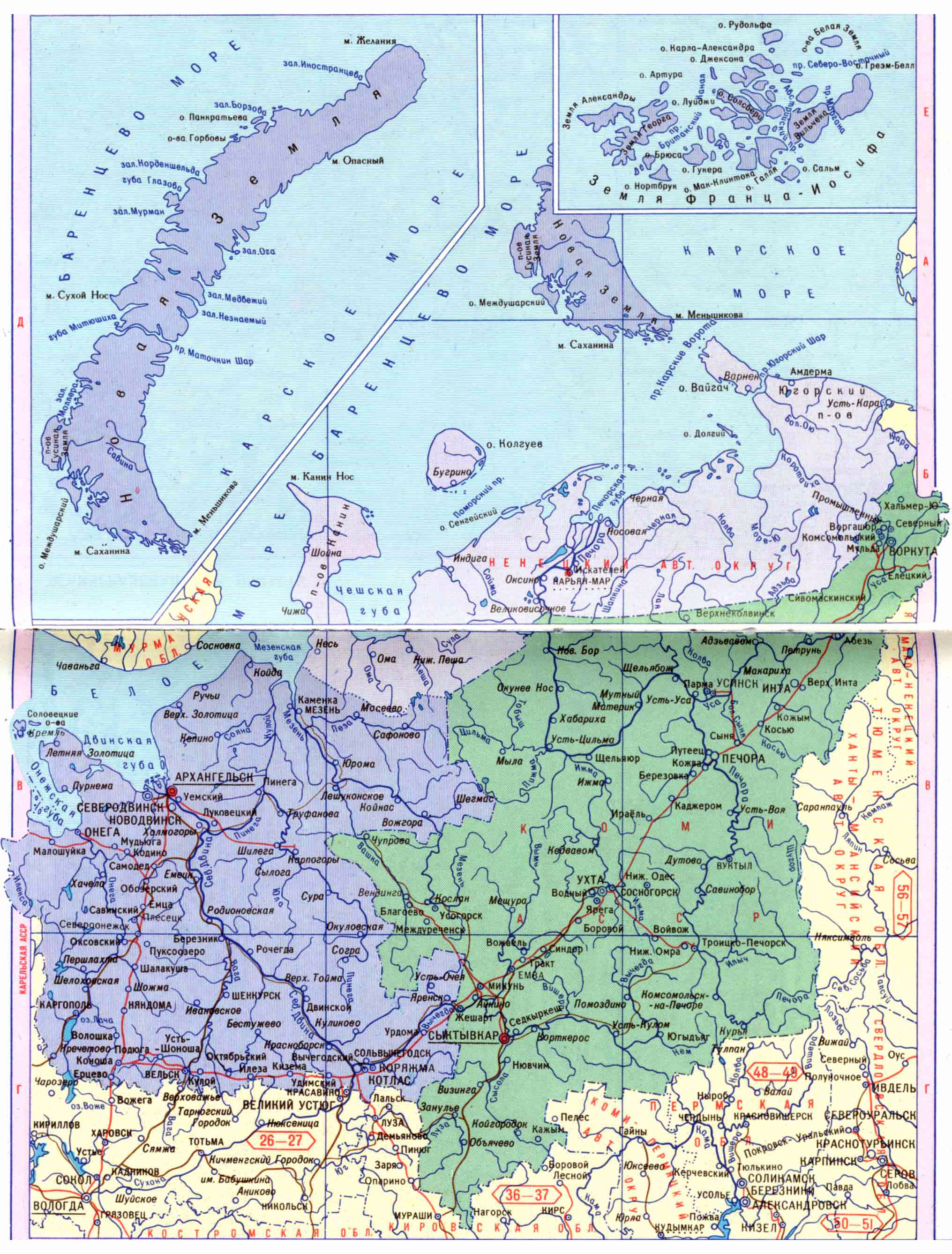 Карта Архангельской области, Ненецкого АО и Республики Коми с основнымиавтомагистралями