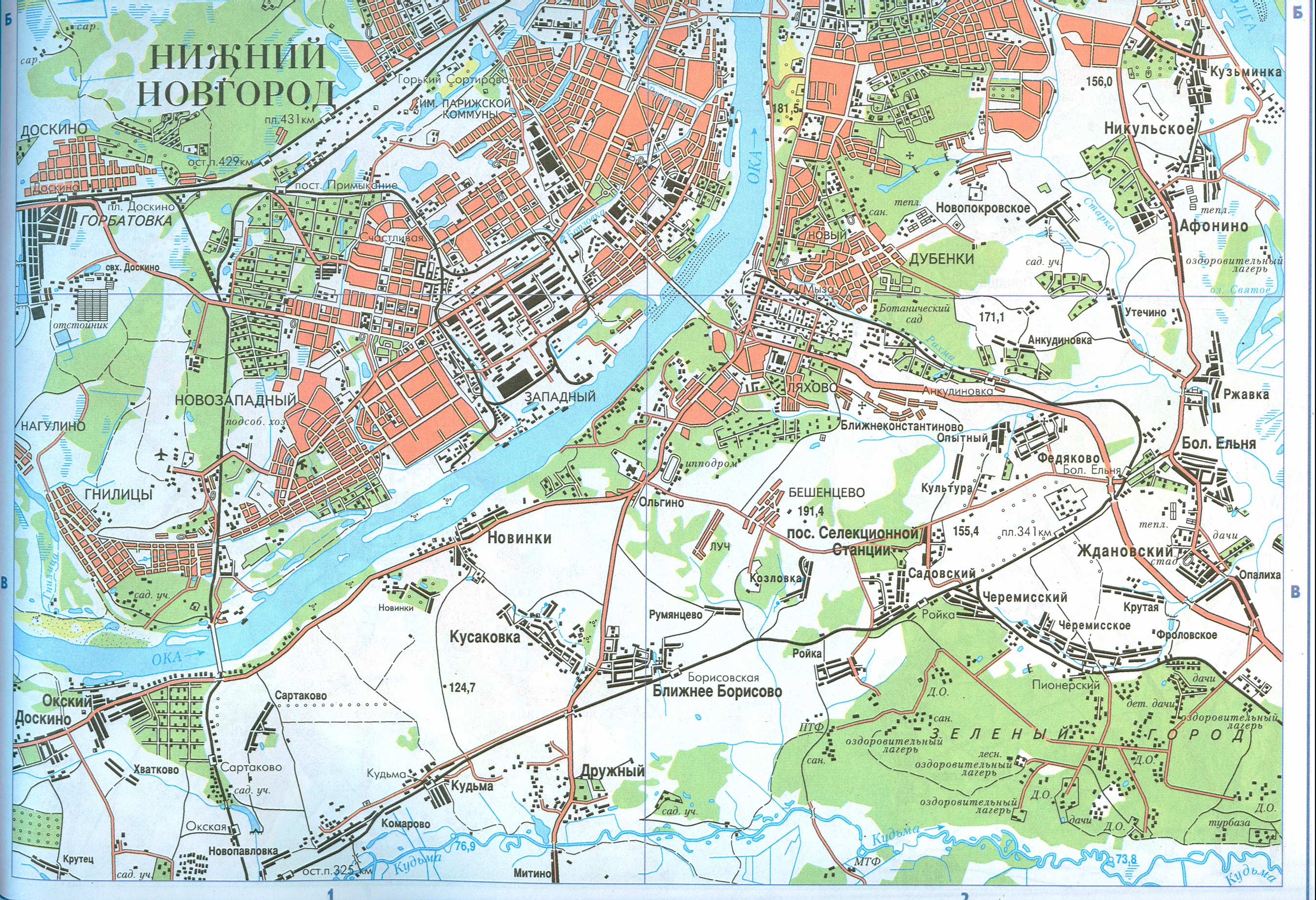Карта Нижнего Новгорода и ближайших окрестностей. Автомобильная картаНижнего Новгорода