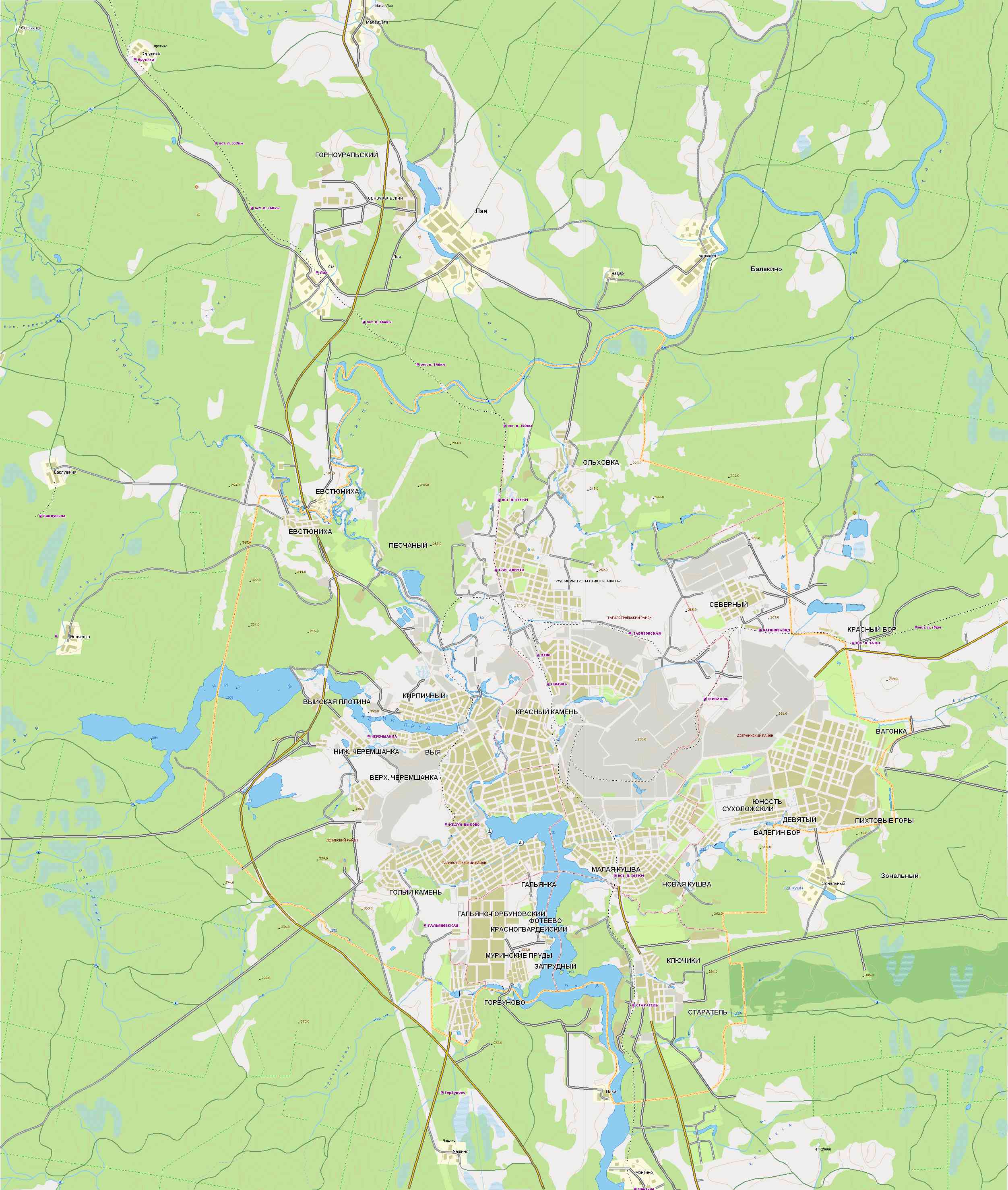 Карта Нижнего Тагила. Автомобильная карта дорог районов и окрестностей г.Нижний Тагил