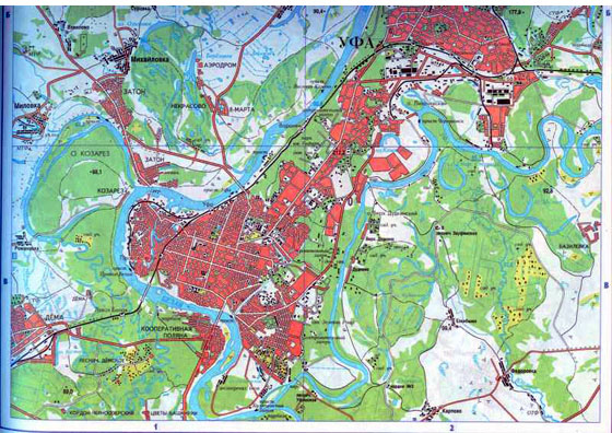 Карта города Уфа. Большая подробная карта Уфы и пригорода. Юг.