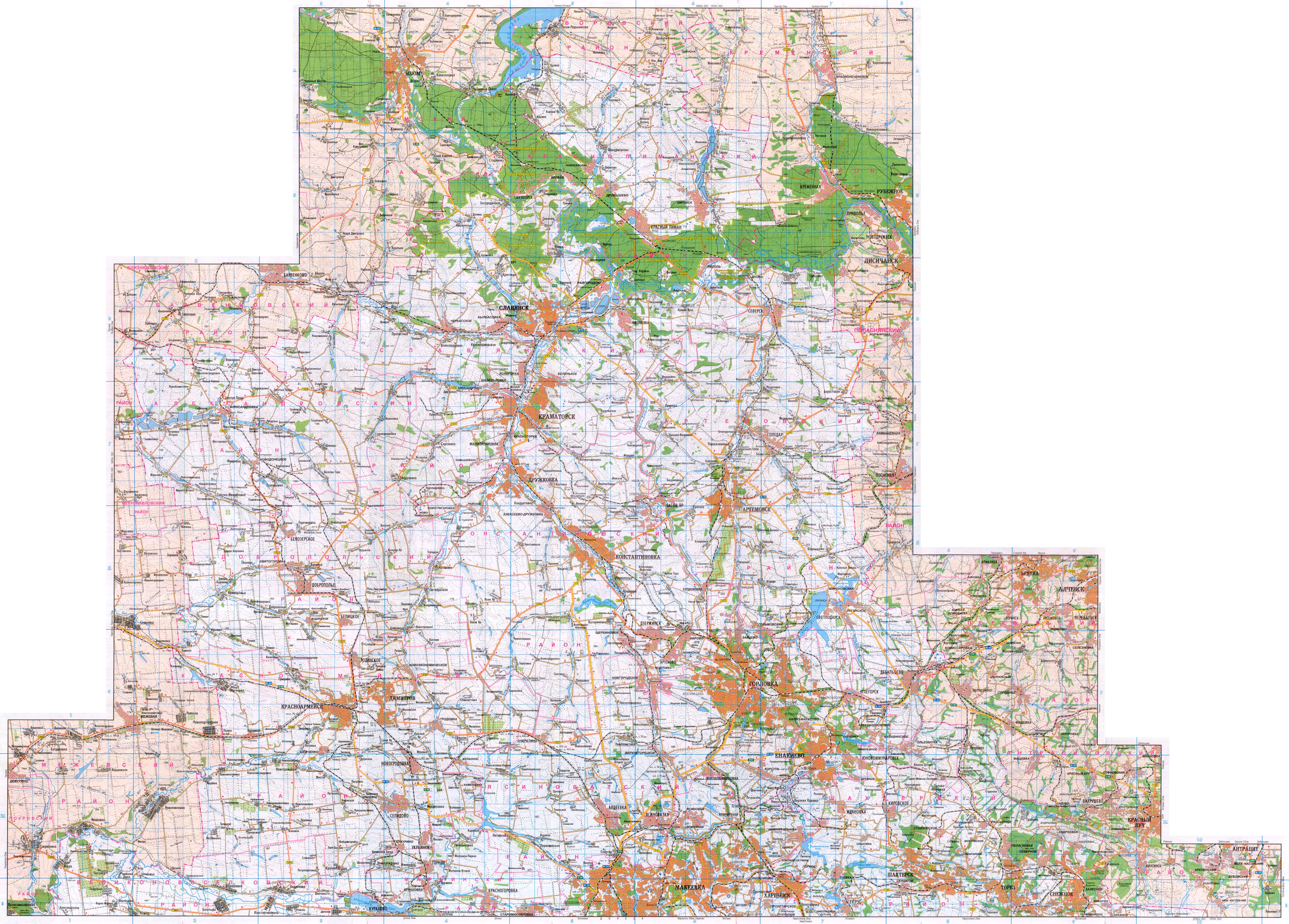 Донецкая область. Топографические карты Донецкой области. Все населенныепункты. Карты масштаба 1:200000