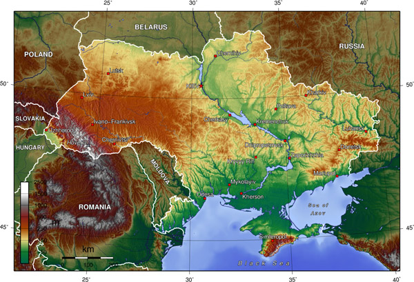 Карта высот Украины. Топографическая карта Украины. Подробная карта высот Украины на английском языке.