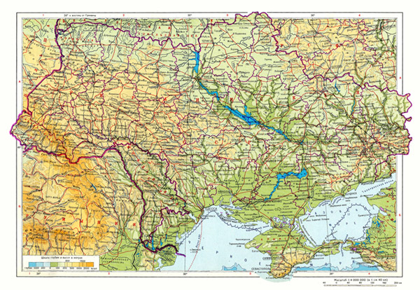 Физическая карта Украины времен СССР. Подробная физическая карта Украинской ССР и Молдавской ССР.