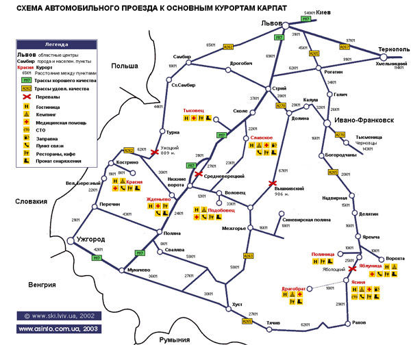 Карта-схема автомобильного проезда к основным курортам Карпат. Все основные курорты Карпат на карте.
