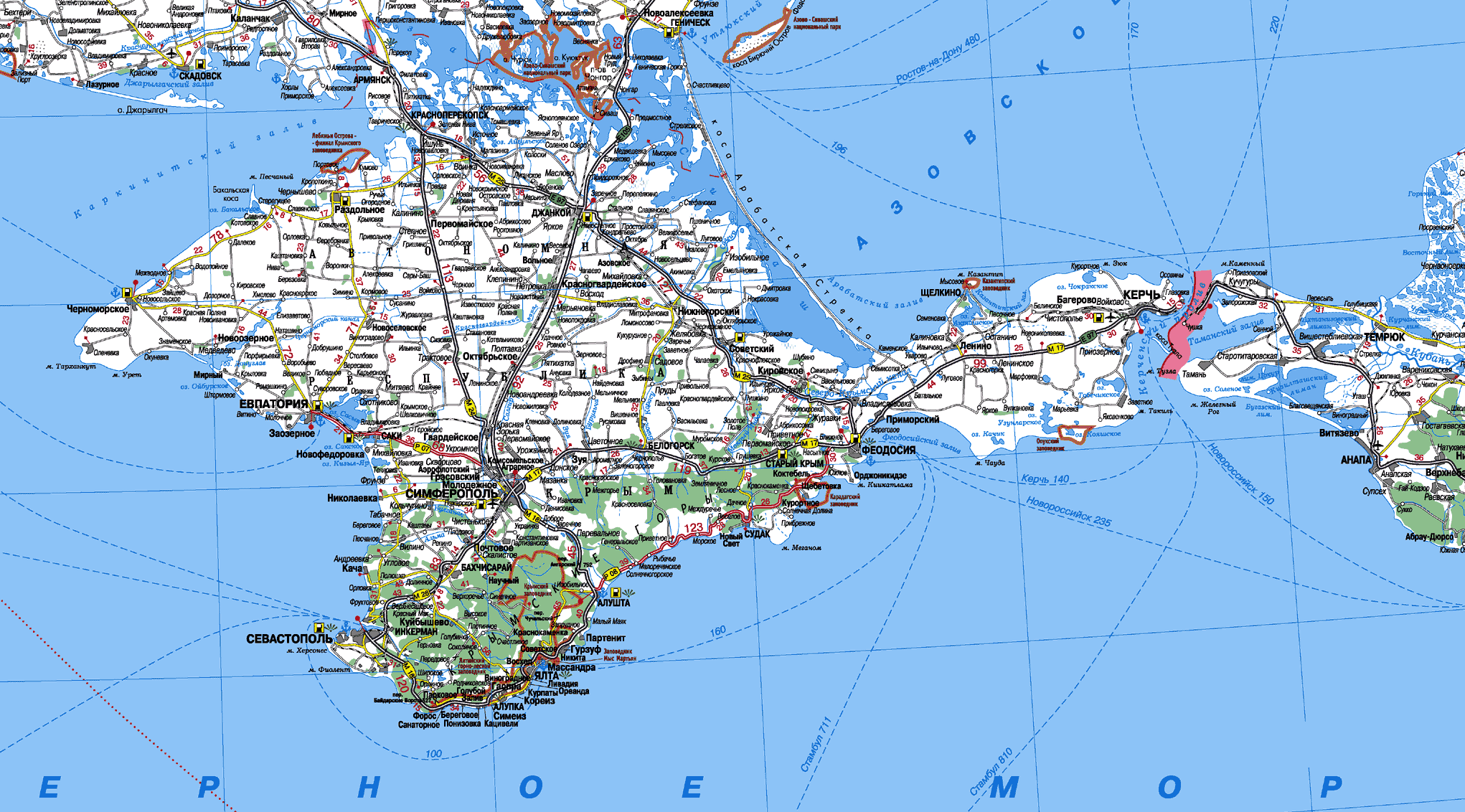 Карта автодорог полуострова Крым. Подробная карта всей транспортнойразвязки Крыма. Карта морских путей